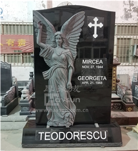 Indian Black Granite Carved Angel Pointing To Sky Monument